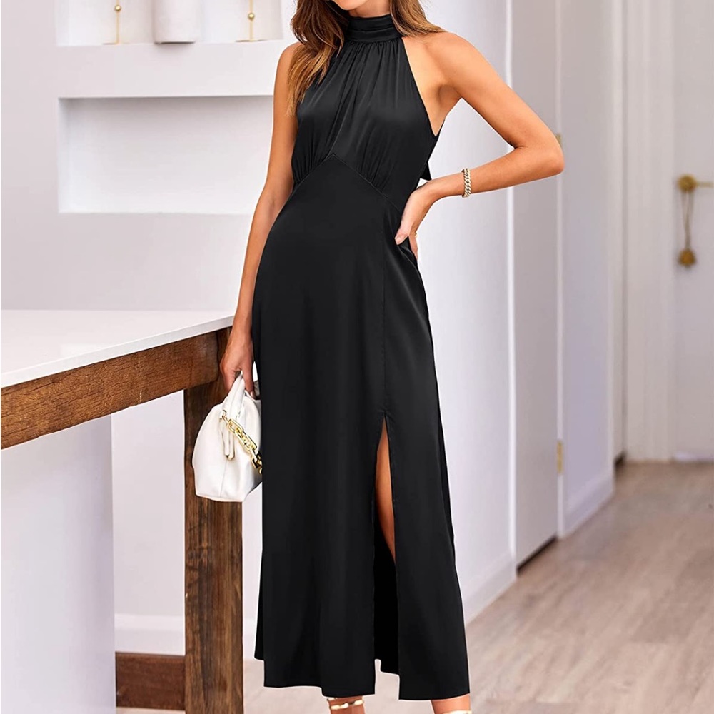 Black satin midi dress